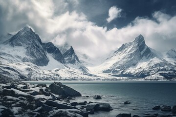Snowy mountain range with lake, snow covered mountains, cloudy sky, few clouds. Generative AI