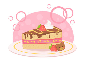 Cute cake with strawberry. Dessert and delicacy. Homemade bakery and pastry, gourmet. Sweet products with cream and chocolate icing, glaze. Poster or banner. Cartoon flat vector illustration
