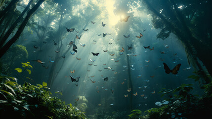 Flock of butterflies flies in forest. Morning sun rise  - obrazy, fototapety, plakaty