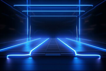 Modern futuristic corridor with blue glow and reflective metal, leading to an empty stage podium and catwalk in a dark night. Schematic texture and realistic background create an. Generative AI