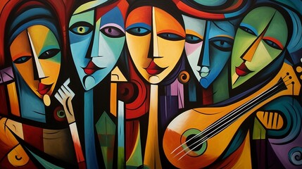 abstract painting showing a group of people playing music with instruments - obrazy, fototapety, plakaty