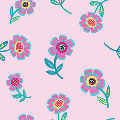 Fototapeta na wymiar Flowers seamless pattern in 70s style. Floral ornament with flowers and eyes inside