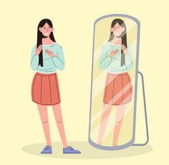 Woman near mirror concept. Young girl look at her reflection. Person in casual clothes and apparel. Fashionable and trendy wear. Aesthetics and elegance. Cartoon flat vector illustration