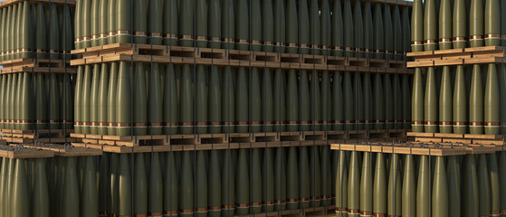Rows of Stacked in Pallets 155mm Artillery Rounds - Standard NATO Caliber Army Shells Package