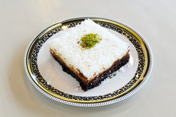 Turkish Dessert Sobiyet  Baklava, kadayif,  mussels baklava and classic baklava with Pistachio . Cevizli, Fistikli Baklava, top view.
