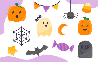 Halloween elements set. Pumpkin and ghost, bat and spiders web. International holiday of festival of fear and horror. Cartoon flat vector collection isolated on white background