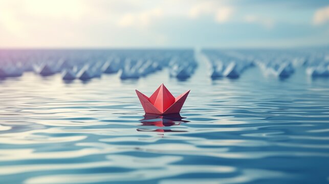 Red paper boat leading a fleet of small white boats around rocks in rough water, Leadership concept, Paper boat have different thinking and lead to travel other way, generative ai