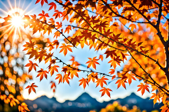 Draw a beautiful tree scene in the autumn mountains. Generative AI