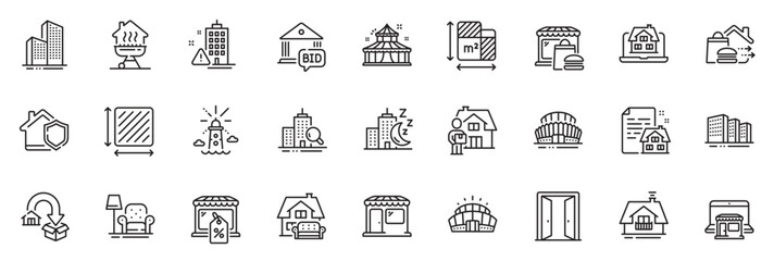 Icons pack as Sports stadium, Lighthouse and Skyscraper buildings line icons for app include Open door, Square area, Market sale outline thin icon web set. Night city, Lease contract. Vector