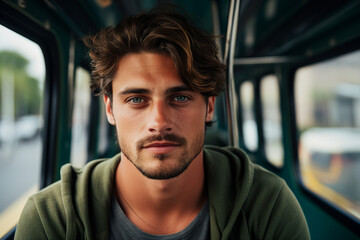 Generative AI portrait of traveler person using public transport have trip tourist subway train bus