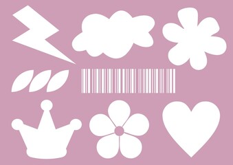 set of icons. Collection of minimalistic figures. illustration with heart, flowers, cloud, lightning, crown, barcode.