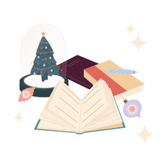 Pile of open books, open book, Christmas tree toys, glass snow globe. The concept of reading books is bigger. Home library. Reading Christmas fairy tales.Literature.Isolated flat vector illustration