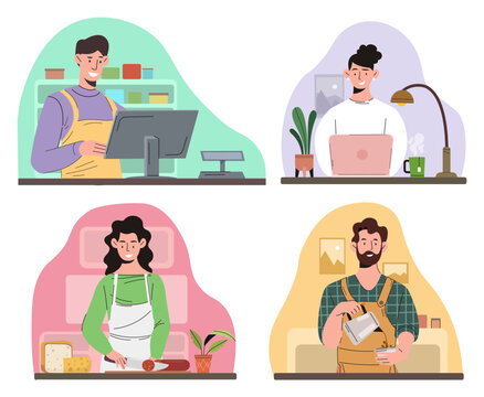 People of different professions set. Barista, cashier, cook and freelancer at workplace. Labour union holiday and festival. Cartoon flat vector collection isolated on white background