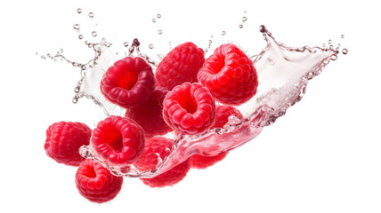Vibrant Raspberries in Juice Splash Isolated on White Background