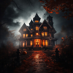 Fototapeta na wymiar An old house with lit up windows at night, in the style of misty gothic, dark and spooky themes