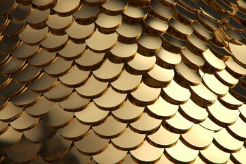 Luxurious gold tile arrangement forming a glossy 3D fish scale wall render. Generative AI