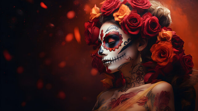 Girl with skull face paint and roses in hair celebrating Day of the Dead, wide banner, copy space. Generative AI