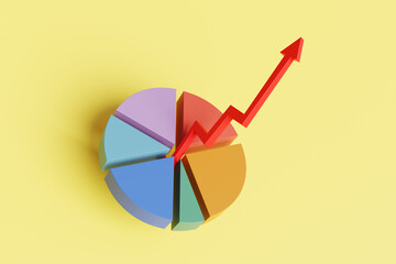 Obraz premium Red up arrow penetrating through a pie chart on yellow background. Illustration of the concept of business revenue and financial growth