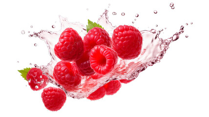 Close up of Raspberries in Juice Splash Isolated on White