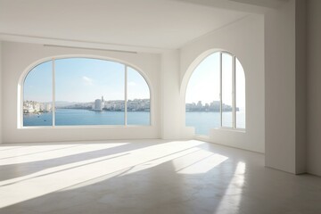 A vacant contemporary space in a city flat with simple all-white walls and a large window overlooking the bay. Generative AI