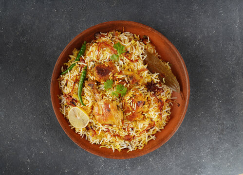 Delicious hyderabadi chicken biryani top view