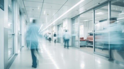 Naklejka na ściany i meble Modern hospital corridor and people with long exposure effect, blurred