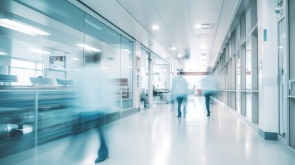 Naklejka na ściany i meble Modern hospital corridor and people with long exposure effect, blurred