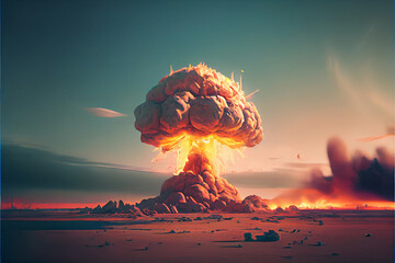 Nuclear blast over a city. Mushroom cloud with radiations.