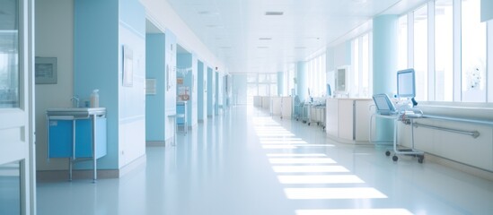 Modern hospital corridor and people with long exposure effect, blurred