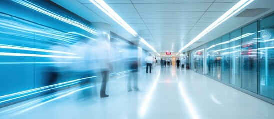 Modern hospital corridor and people with long exposure effect, blurred