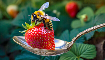 A Bumblebee sitting on a Juicy Strawberry