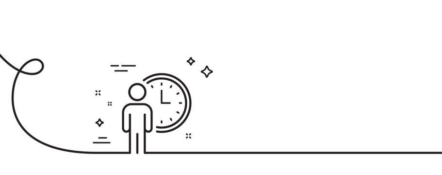 Person waiting line icon. Continuous one line with curl. Service time sign. Clock symbol. Waiting single outline ribbon. Loop curve pattern. Vector