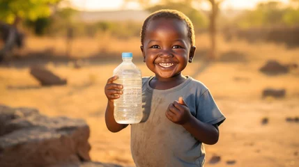 Poster Happy little thirsty child with bottle of pure fresh drinking water in his hand. The issue of water supply to the driest areas of Africa. © Stavros