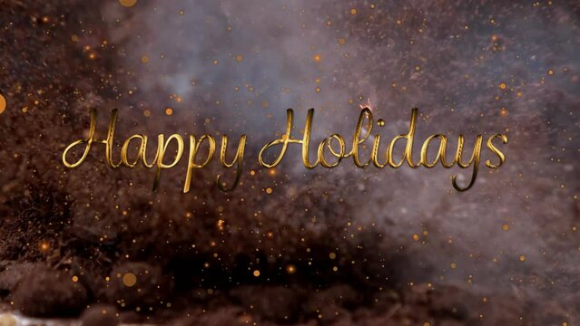 Animation of yellow spots and happy holidays text banner against fire cracker exploding