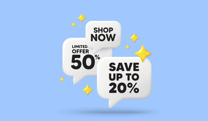 Save up to 20 percent tag. 3d offer chat speech bubbles. Discount Sale offer price sign. Special offer symbol. Discount speech bubble 3d message. Talk box stars banner. Vector