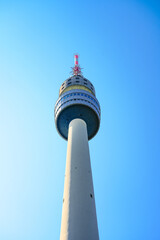 Florianturm in Dortmund with blue sky in the background. Observation tower, television tower of the city. - obrazy, fototapety, plakaty
