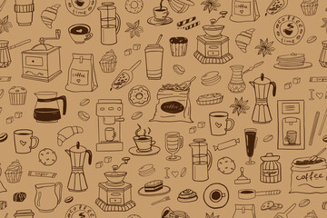 Seamless pattern of hand drawn coffee theme elements in doodle style. Coffee time. 
Coffee machine. Candy. Vector illustration EPS10. Isolated on beige background