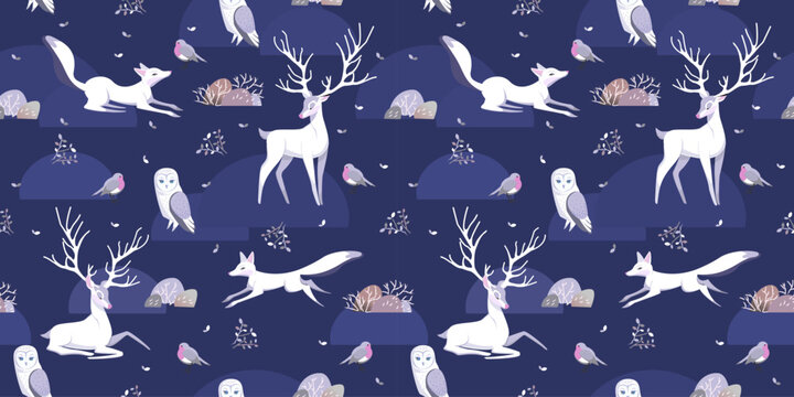 Seamless vector pattern with cute woodland Animals, Deer, Fox and Owl. Winter atmosphere. Scandinavian illustration. Perfect for textile, wallpaper or print design. Blue Background.