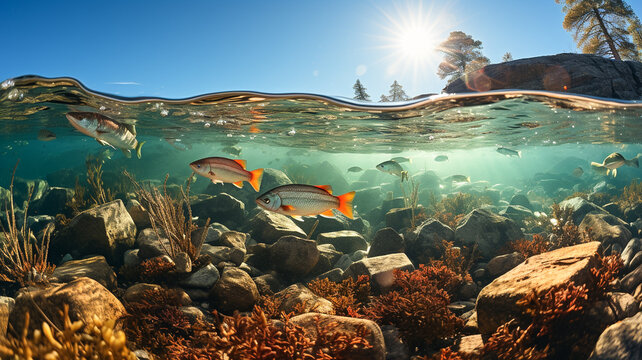 Underwater shot of marine life view with sunny sky and serene sea.