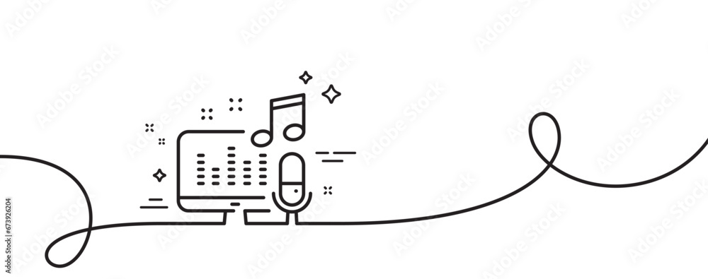 Poster podcast line icon. continuous one line with curl. studio mic sign. voice record microphone symbol. p