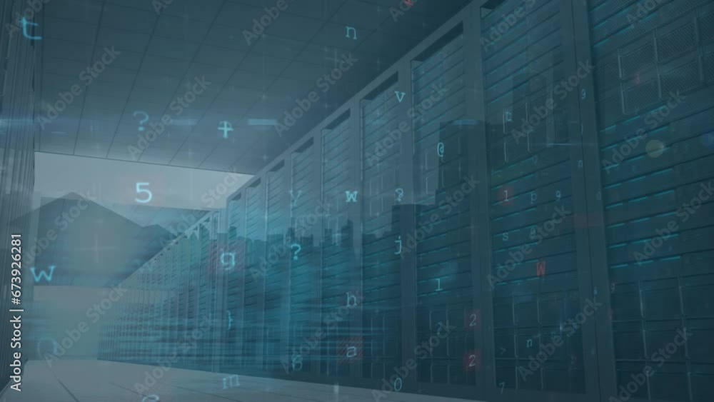 Poster animation of screens with cyber security data processing against computer server room