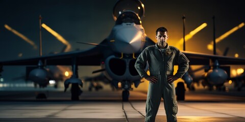 Portrait of a modern fighter pilot. Serious young Caucasian pilot posing against the backdrop of a modern fighter jets. - obrazy, fototapety, plakaty