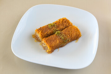 Turkish Dessert Sobiyet  Baklava, kadayif,  mussels baklava and classic baklava with Pistachio . Cevizli, Fistikli Baklava, top view.