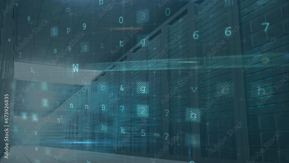 Poster animation of screens with cyber security data processing against computer server room