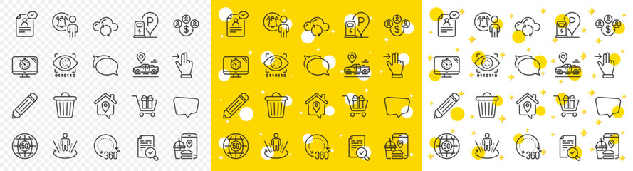 Outline Food app, Charging station and 360 degrees line icons pack for web with Pencil, Chat message, Cloud sync line icon. Augmented reality, Trash bin, User notification pictogram icon. Vector - obrazy, fototapety, plakaty
