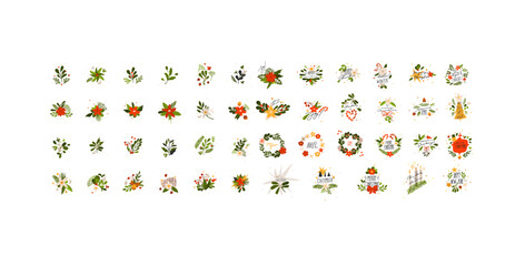 Hand drawn vector abstract cartoon Merry Christmas and Happy new year clipart illustrations elements set with flower,leaves and pine branch.Merry Christmas cute design.Winter holiday decoration.