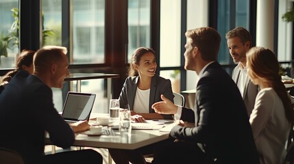 young manager conducts busy team work at corporate meeting. Diverse international professional executive team people communicating in office having discussion in board room. generative AI