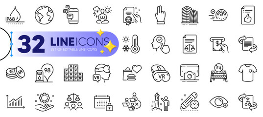 Outline set of Waterproof, Remove team and Petrol station line icons for web with Wholesale inventory, Augmented reality, Legal documents thin icon. Click hand, Calendar. Vector