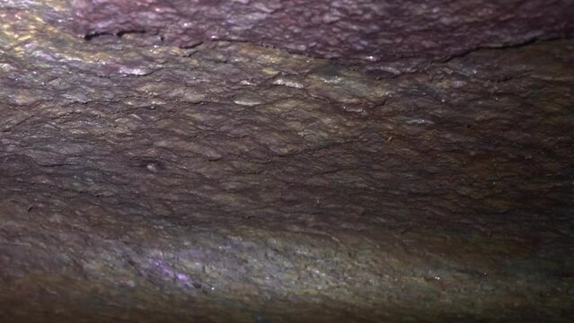 Frost on the ceiling of the winter quarry (high humidity), ice stalactite; pisolite or calc sinter, speleothem