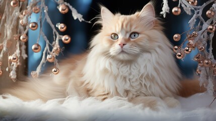 Persian cat portrait in Christmas tree branches and garlands, Happy New Year. Persian . Horizontal banking background for web. Photo AI Generated